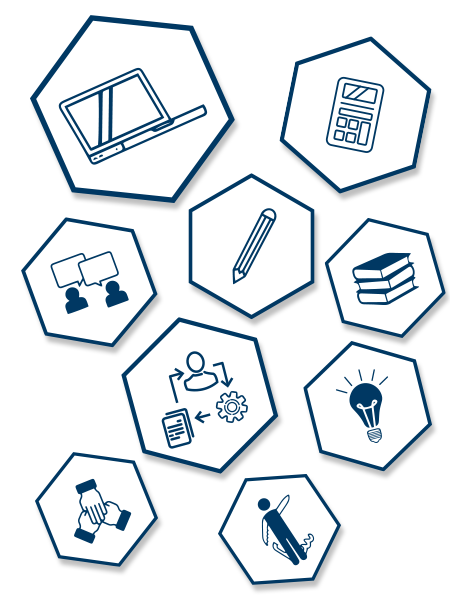 The nine Skills for Success icons tumbling down the screen.