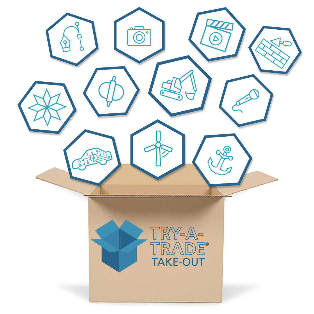 A try-a-trade® take-out labelled cardboard box with try-a-trade® icons popping out of it.